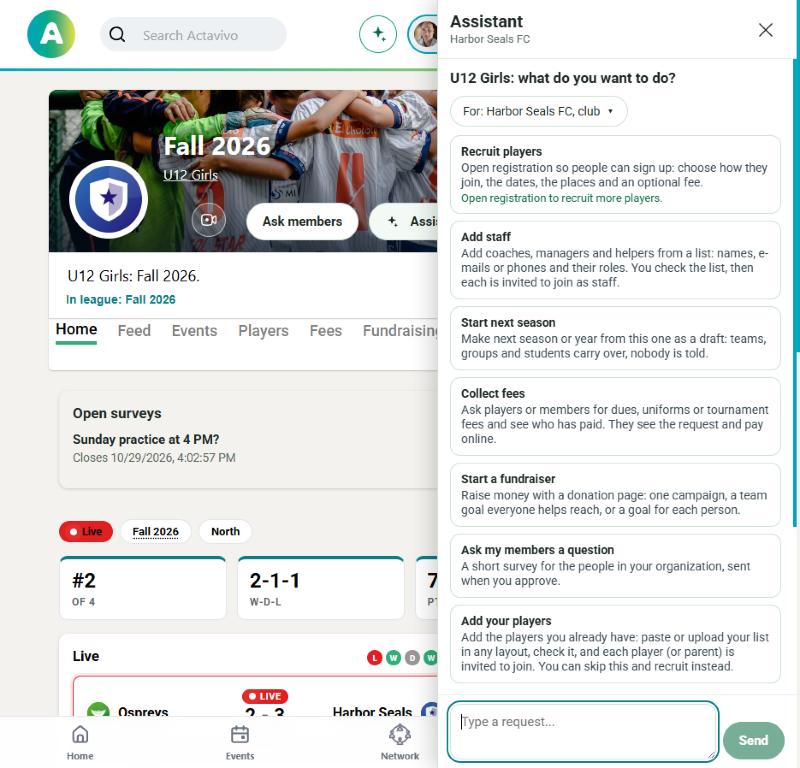 The assistant opened from the U12 Girls page: starting points for that team, with a suggestion