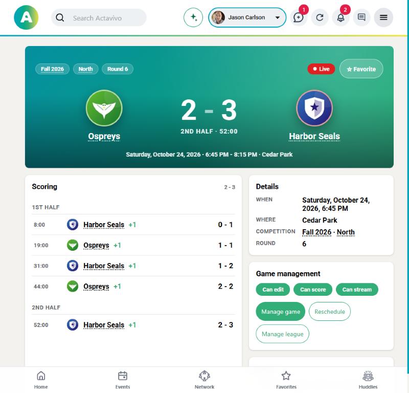 A game page: final score and every goal with its minute