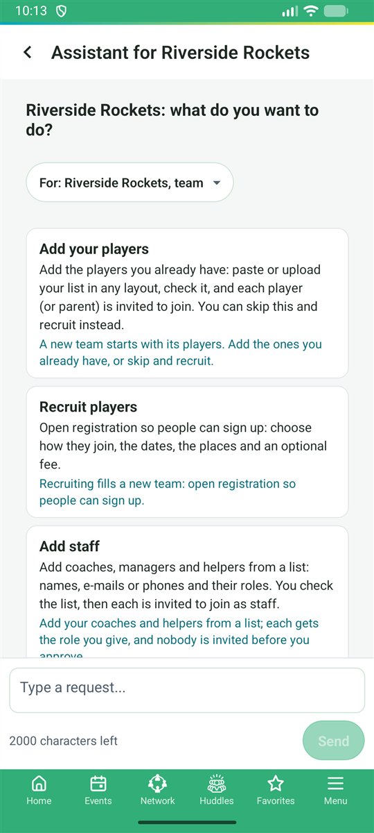The assistant offering next steps for a new team