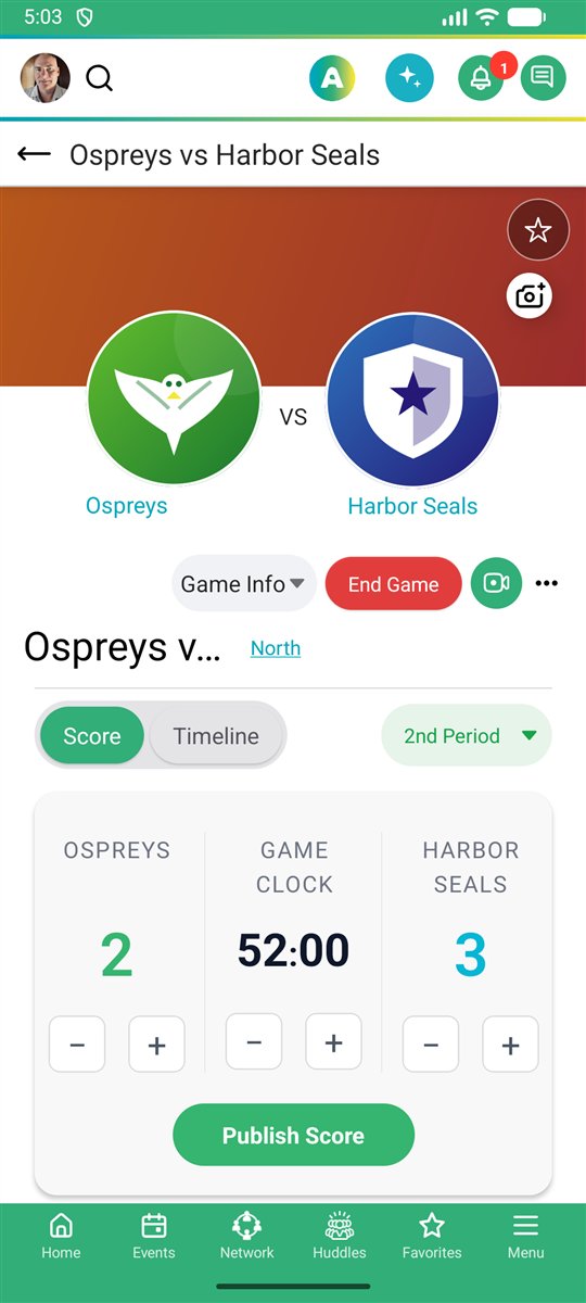 Live scoring from the sideline: Ospreys 2, Harbor Seals 3 with the game clock
