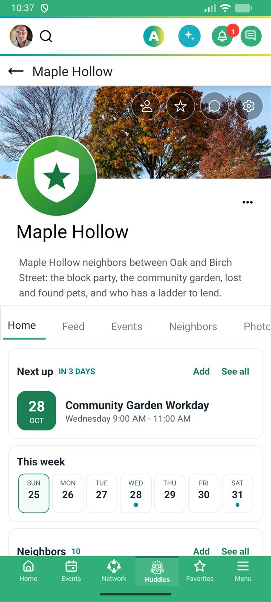 Maple Hollow on a phone with the community garden workday