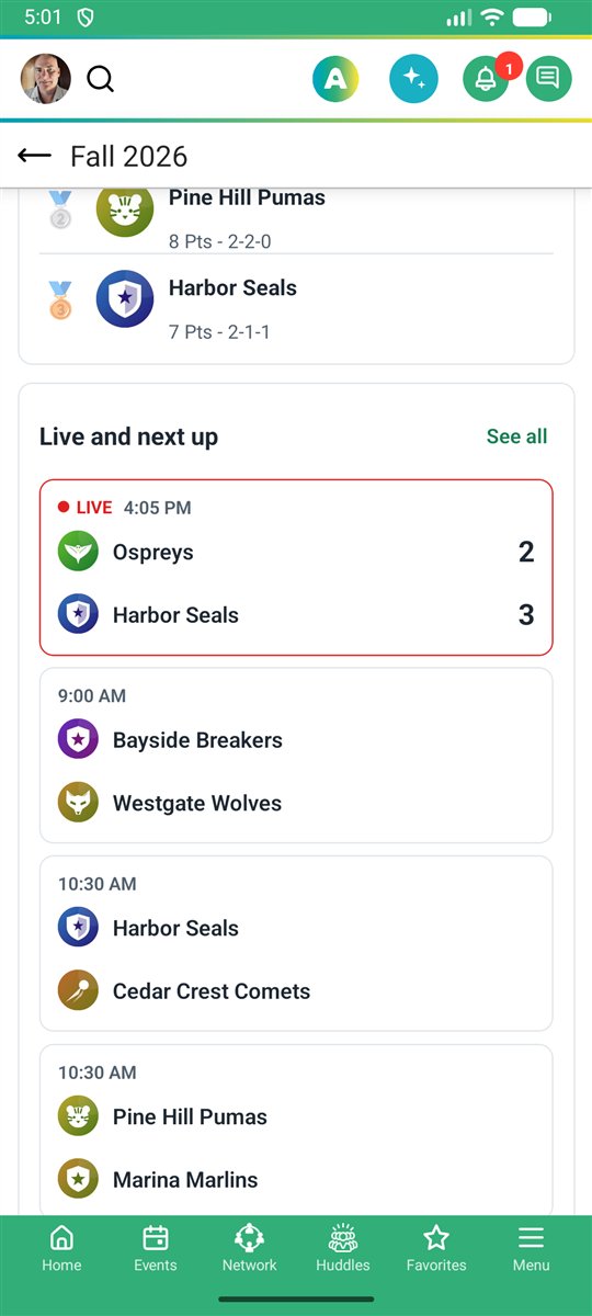 Live and next-up league games on a phone