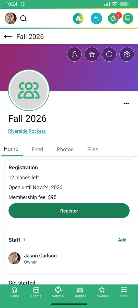 A team's registration page: 12 places left, Register