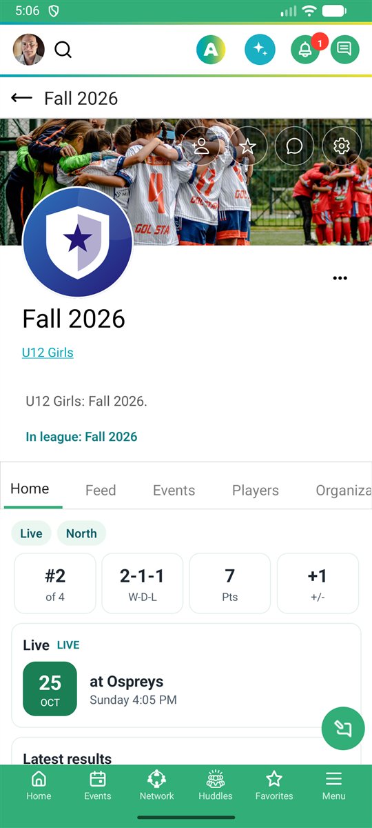 The U12 Girls team page with the team photo, record and a live game