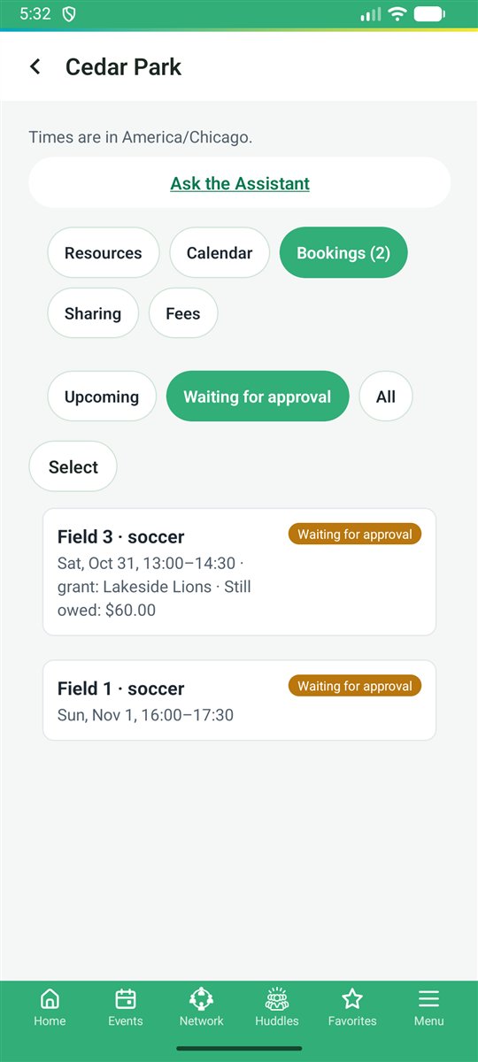 Field bookings waiting for approval