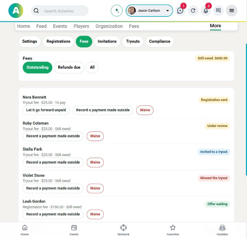 Registration fees still owed, with record payment and waive actions