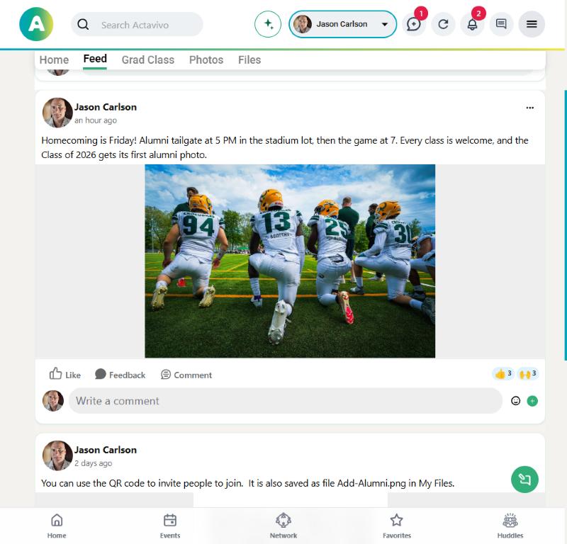 An alumni post with a homecoming photo