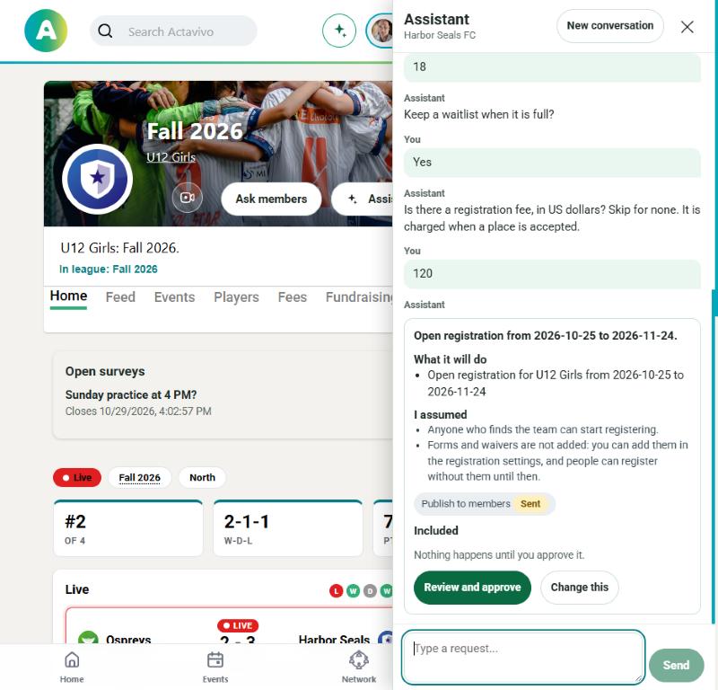 The assistant's plan to open registration for U12 Girls, with what it assumed, waiting for approval