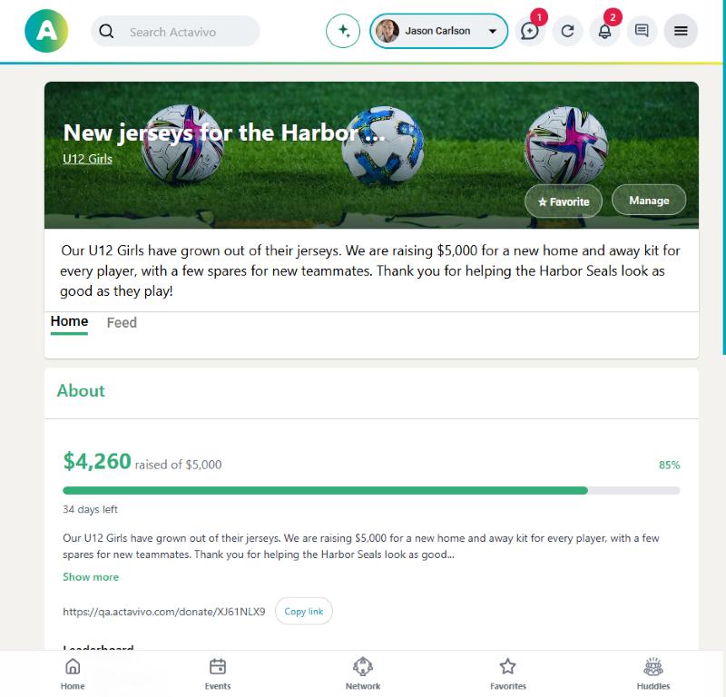 A jersey fundraiser page with $4,260 raised