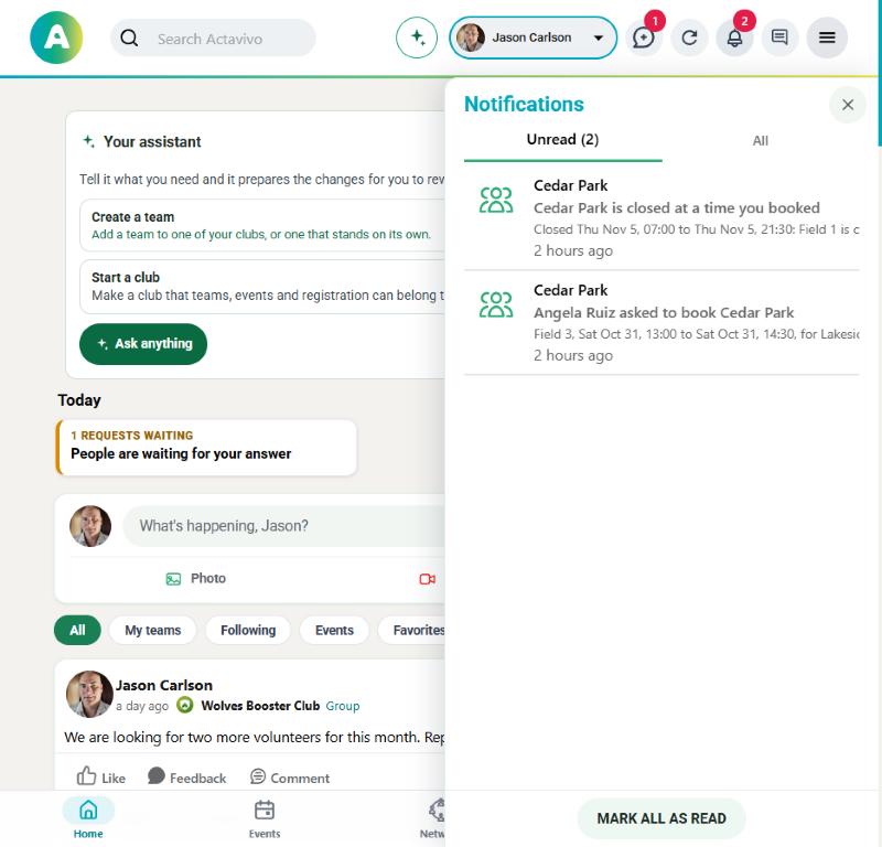 Notifications: a field closure and a booking update