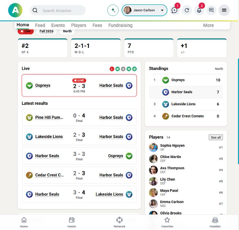 A team dashboard with record, live game and standings